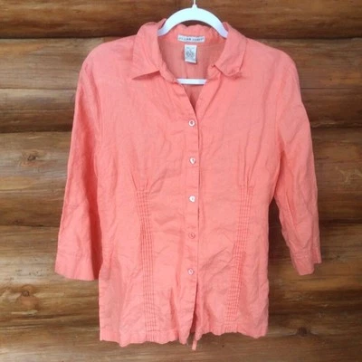Jillian Jones Sherbet Orange 100% Linen Pintuck Accent Button Down Shirt Size 12 - Image 1 of 4