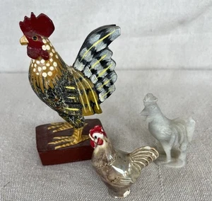 Vintage Lot of 3 Roosters: Wood, Ceramic, and Stone - Picture 1 of 15