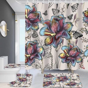 4Pcs Floral Shower Curtain Sets with Rugs Butterfly Floral Bathroom Set with ... - Picture 1 of 7