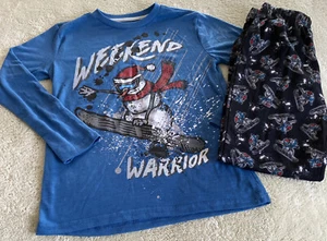 Sleep On It Boys Blue Black Snowboarding Snowman Long Sleeve Pajamas 8-10 - Picture 1 of 7