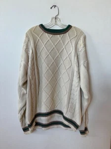 Vtg 90s Eddie Bauer Cotton Crewneck Fisherman Cable Knit Sweater Mens Sz L Ivory - Picture 1 of 11