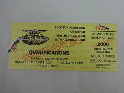 2000 Indianapolis 500 Unused Qualifications Ticket Credential Complimentary - Image 1 of 4