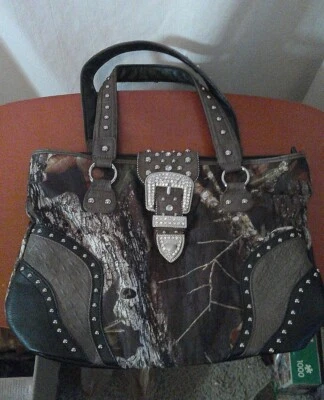 Cartera Mossy Oak Camoflauge, Bolso de Mano Doble Asa Tachonado, Bolsillos a Presión Foto 1 de 4