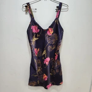 California Dynasty Nightgown Sz M Blue W/ Pink Roses Floral Satin Lace Sleeveles - Picture 1 of 7