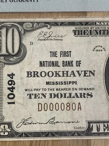 1929 $10 National BROOKHAVEN, MS Mississippi Charter #10494 PMG VF30 949389-2 - Picture 1 of 3