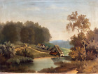 Obraz olejny stary romantyczny chata jezioro łabędzie nieczytelny podpisany Belgia około 1880 roku