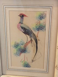 Vintage mexikanische Federkunst Handarbeit gerahmt bunt skurril Vogel 1940er  - Bild 1 von 12