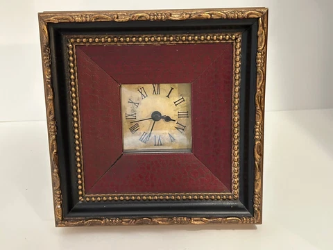ORNATE 6 1/2" SQUARE BLACK / GOLD / BURGUNDY WOOD LEATHER DESK CLOCK - WORKING Cover