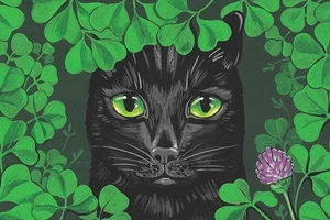 4X6 DRUCK GEMÄLDE RYTA ST PATRICKS DAY KUNST SCHWARZE KATZE FRÜHLING BLUMEN Kleeblatt - Bild 1 von 1