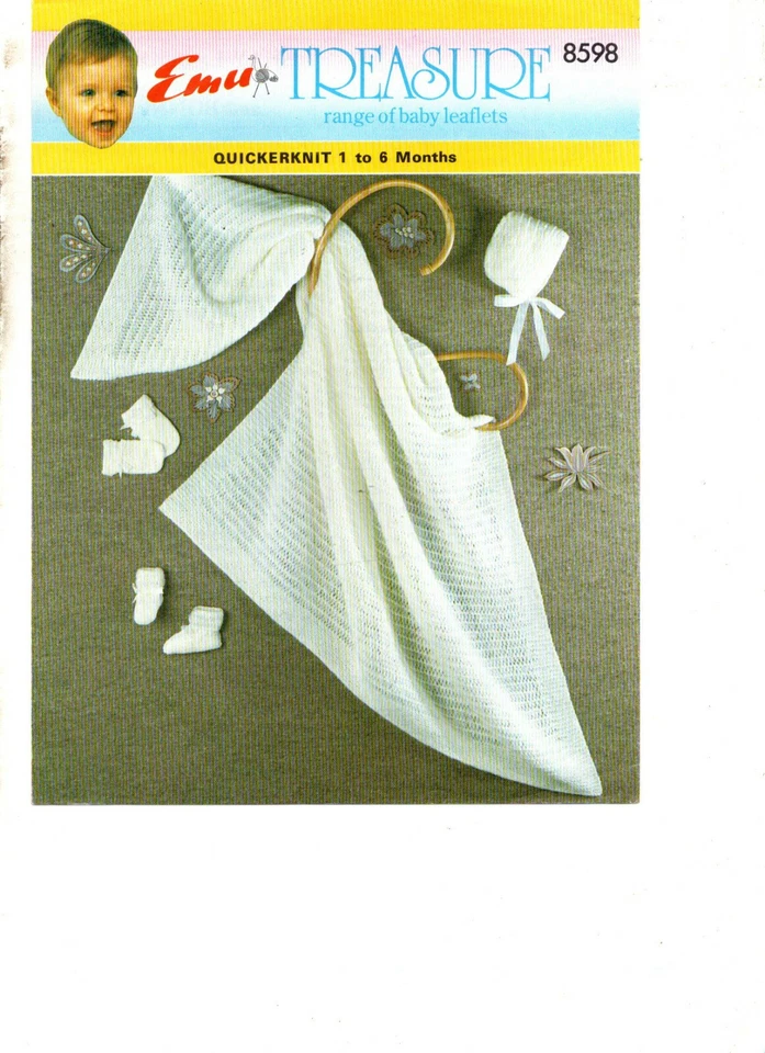EMU knitting pattern 8598 shawl booties mittens & bonnet baby  - Image 1 of 1