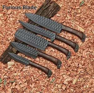 Kochmesser Set 5-tlg Kohlenstoffstahl Holzgriff mit Lederrolltasche, Küchenset - Bild 1 von 11