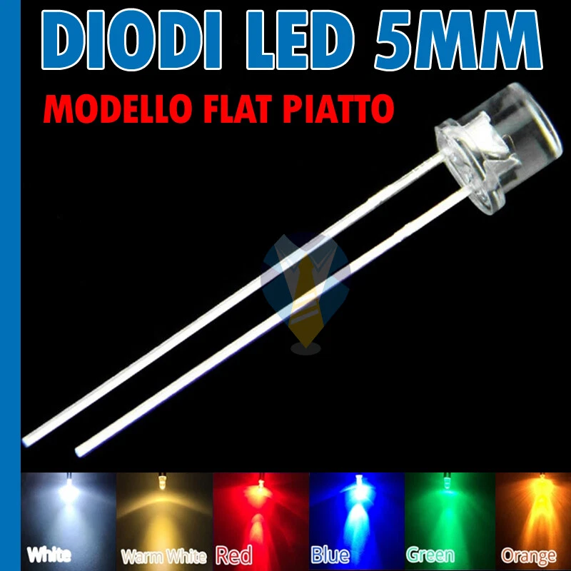 DIODI LED FLAT 5 mm ALTA LUMINOSITA' BIANCHI BLU ROSSO VERDE GIALLO ARANCIONE - Immagine 1 di 1