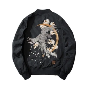 Herren bestickt Baseball Mantel schwarz Bomberjacke japanische Vogel Oberbekleidung Tops - Bild 1 von 13