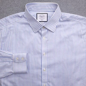 Charles Tyrwhitt Dress Shirt Mens 18 35 Classic Fit Non Iron White Blue Stripe - Picture 1 of 7