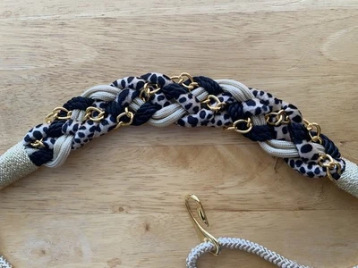 Cinto de cintura elástica 30 32 S-M estampa de chita tom dourado corda de corrente de metal bege vintage - Imagem 1 de 3