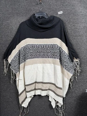 Poncho Suéter Northern Angel Para Mujer S/M Negro Beige Rayas Flecos Capucha Cuello Foto 1 de 4