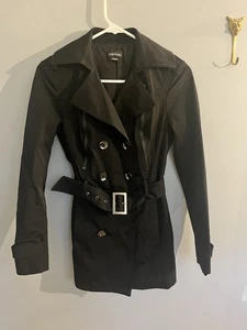 Bebe Women’s black satin sleek belted Long trench coat XS Streetwear Matrix - Picture 1 of 9