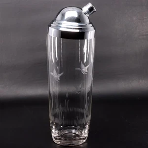 Bird Etched Large 11" Cocktail Martini Shaker Mid Century Modern Vintage - Picture 1 of 7