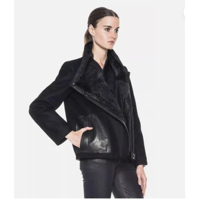 Helmut Lang ягненка кожи, меха и шерсти Moto Куртка Пальто двусторонний войлок черный P XS - Изображение 1 из 4