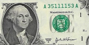 2003A $1 FRN Fancy Serial Number PERFECT RADAR Note -A35111153A -Ch/CU - Picture 1 of 3