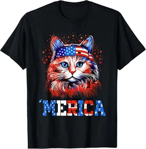 Memorial Day Cat, 4th of July Patriotic American Flag T-Shirt Hoodie - Picture 1 of 13