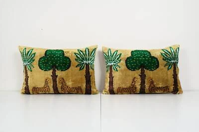 Tiger Design Ikat Velvet Pillow, Set of Two Silk Lumbar Cushion Cover - Image 1 of 4