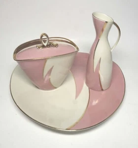 VTG Mitterteich, Bavaria Art Deco Pink, White, Gold Sugar, Creamer & Under Plate - Picture 1 of 11