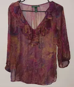 RALPH LAUREN BURGANDY PAISLEY SHEER WOMENS BLOUSE SIZE XS - Picture 1 of 2