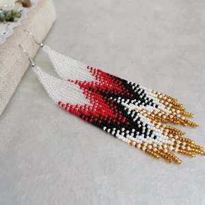 Long beaded fringe earrings Dangle chandelier boho seed bead earrings jewelry - Picture 1 of 6