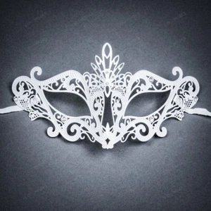 White Venetian Laser Cut Sexy Masquerade Women Party Masks with Silver Crystal - Picture 1 of 4