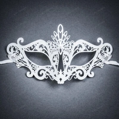 White Venetian Laser Cut Sexy Masquerade Women Party Masks with Silver Crystal - Image 1 of 4