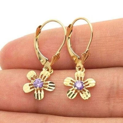 14k Yellow White Gold Birthstone Diamond-Cut Flower Leverback Earrings - Image 1 of 4