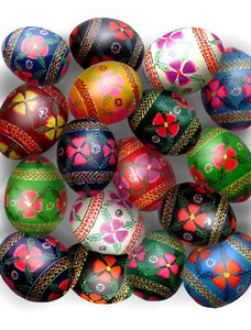 Verschiedene bemalte ukrainische Ostereier in normaler Henne-Größe aus Holz, Blumenmuster, Pysanky - Bild 1 von 3