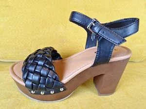 Strappy Sandal Heels - Black Woven Wood Size 8w - Picture 1 of 19