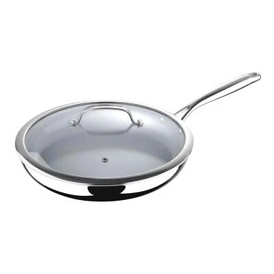 MASTERPRO Non-Stick Frying Pan With Glass Lid Grey Ceramic Coated Stainless Steel 30cm