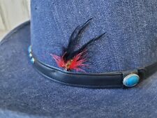Vtg Blue Jean Denim Cowboy Western Rancher Hat Feather Turquoise Sears USA Sz 7