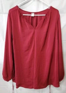 Old Navy Damenbluse einfarbig weinrot rot Langarm V-Ausschnitt Größe L zum Binden - Bild 1 von 5