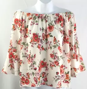 NWT off shoulder Flowy top L ivory floral LaceUp flutter sleeve Peasant Romantic - Picture 1 of 7