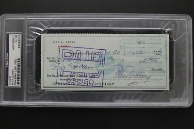 Max Carey (d.1976) Signed 1962 Check PSA Authentic Slabbed Autograph Pirates HOF - Image 1 of 3