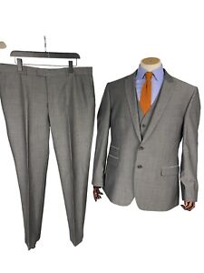 Fellini Slaters 3 Piece Grey Suit 46R / 40x32” Slim Fit Wool Blend Wedding Party
