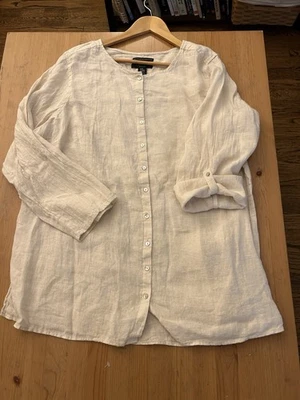 Top Tahari 100 % lino cultivado europeo lino botón delantero manga larga lengüeta enrollable 2X Foto 1 de 4