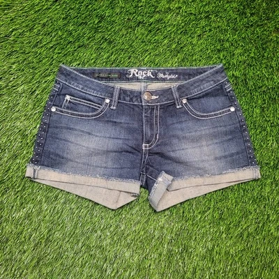 Pantalones cortos de tiro bajo Y2K Wrangler Rock 47 para mujer 2 (etiqueta junior 5) adornados Foto 1 de 4