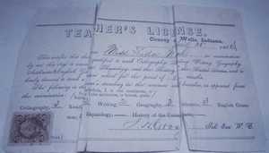 📌MUSEO Digno 1866 LICENCIA DE MAESTROS INDIANA DEL CONDADO DE WELLS con SELLO DE INGRESOS FISCALES - Imagen 1 de 6