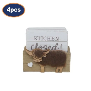 Wooden Coasters & Holder Set Highland Cow Design Printed Sayings Drink Pads 4pcs - Picture 1 of 5