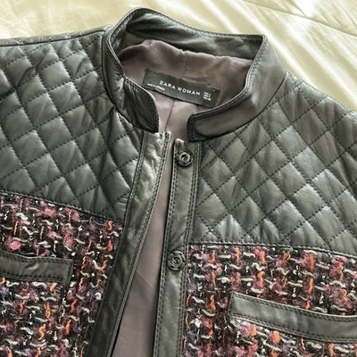 Zara Women Tweed Quilted Black Leather Moto Blazer Sz L Chic Edgy Elegant Jacket - Image 1 of 4