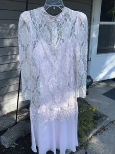 Vintage Rouge Rosa Spitze Overlay Kleid Drop Waist Blumen Knöpfe Hochzeit Formell Damen - Bild 1 von 22