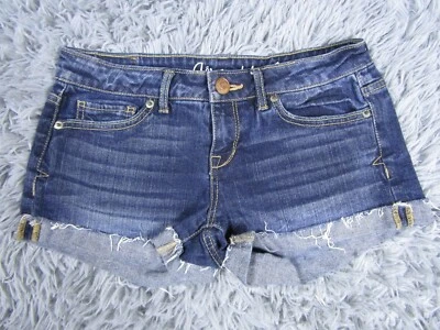 Aeropostale 牛仔裤女式 0 短蓝色牛仔休闲夏季中号水洗袖口 — 第 1/4 张图片