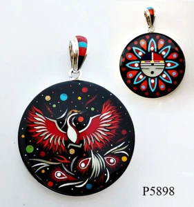 REVERSIBLE TURQUOISE ONYX SPINY INLAY .925 SILVER PHOENIX BIRD SUNGOD PENDANT - Picture 1 of 4