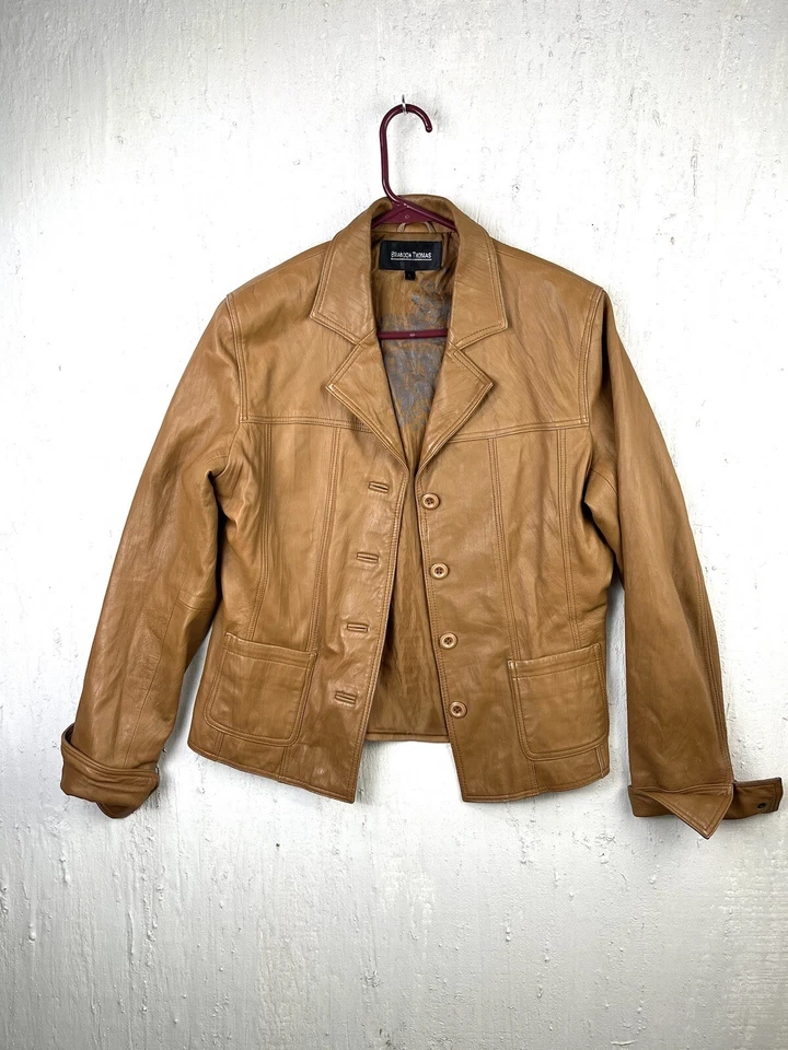 Chaqueta para mujer Brandon Thomas de cuero tostado camel forrada con botones grande con botones Y2K Foto 1 de 4
