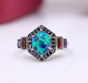 Anillo de compromiso hexagonal pavo real ópalo plata 925 negro enchapado en rodio Art Deco - Imagen 1 de 6